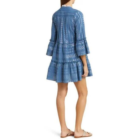 Elan Women’s Small Clara Metallic Bell Sleeve Blue/Silver Mini Dress - Picture 2 of 8